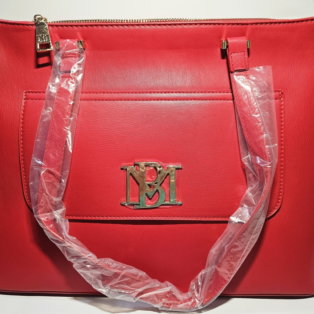 NWT Badgley Mischka Structured Tote Bag Red Vegan Leather Gold Logo